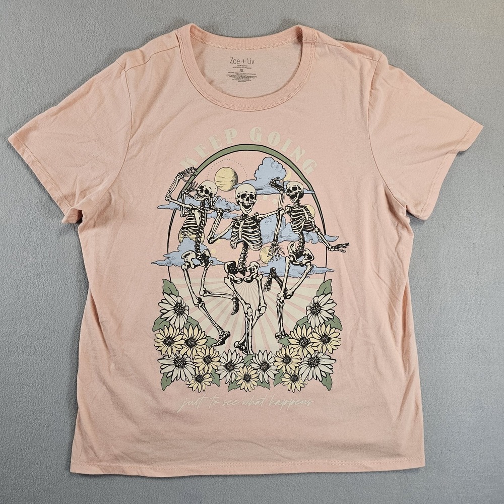 Zoe + Liv Keep Going Dancing Skeletons Floral Graphic Tee Womens XL Pink